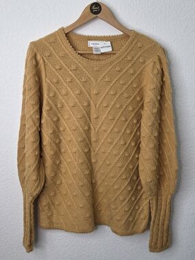Ces Femmes Cable Knit Bobble Sweater, Mustard Yellow, Womens Size Large